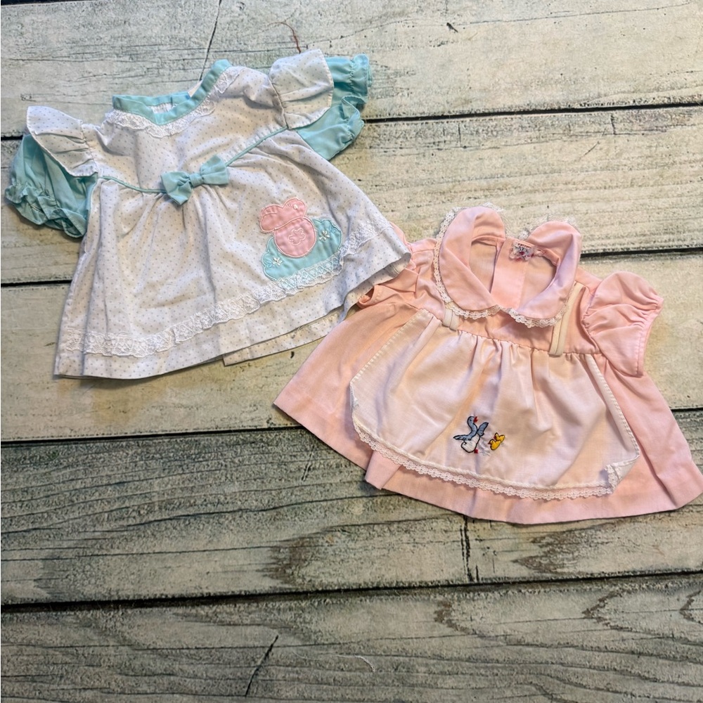 Vintage 2 little baby girl dresses one has a bunny the other ducks. 0-3 m